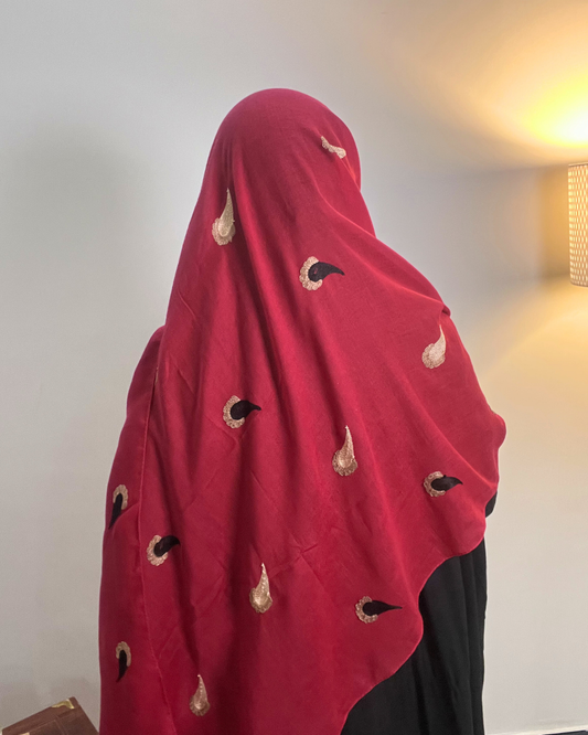 Paisley Drop Embroidery Lawn Hijab - Crimson Red