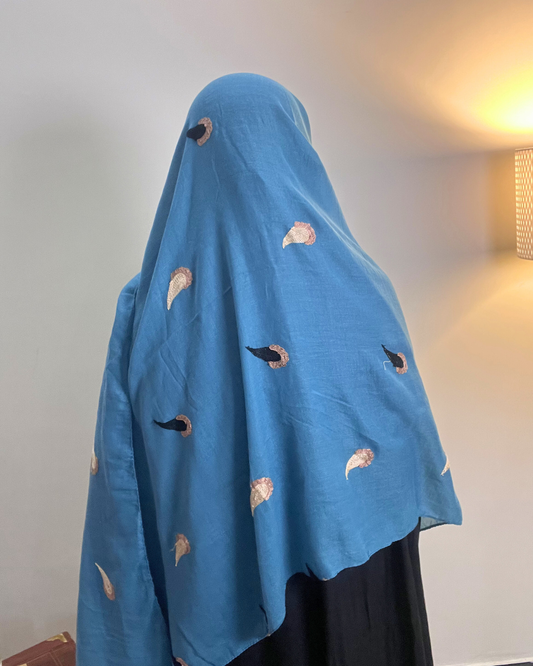 Paisley Drop Embroidery Lawn Hijab - Ocean Blue