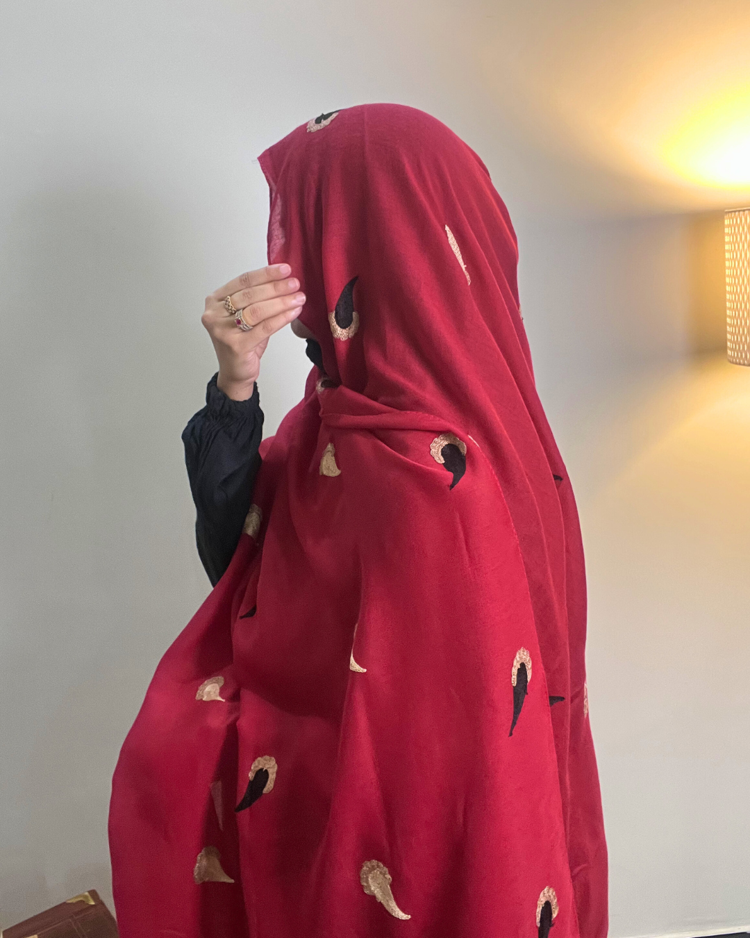 Paisley Drop Embroidery Lawn Hijab - Crimson Red