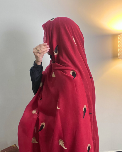 Paisley Drop Embroidery Lawn Hijab - Crimson Red