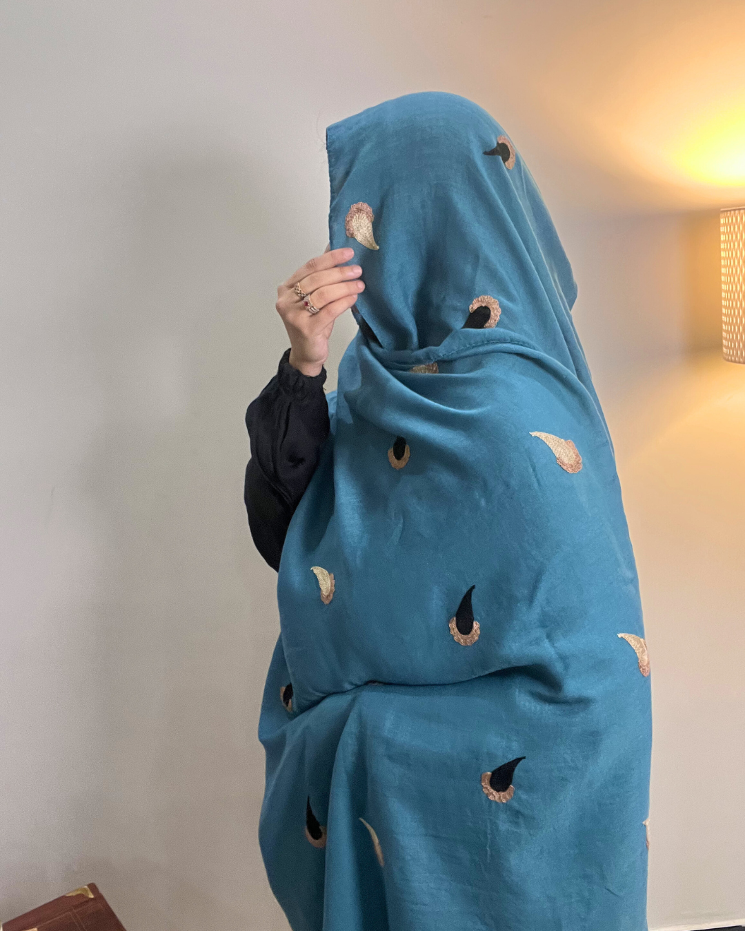 Paisley Drop Embroidery Lawn Hijab - Ocean Blue