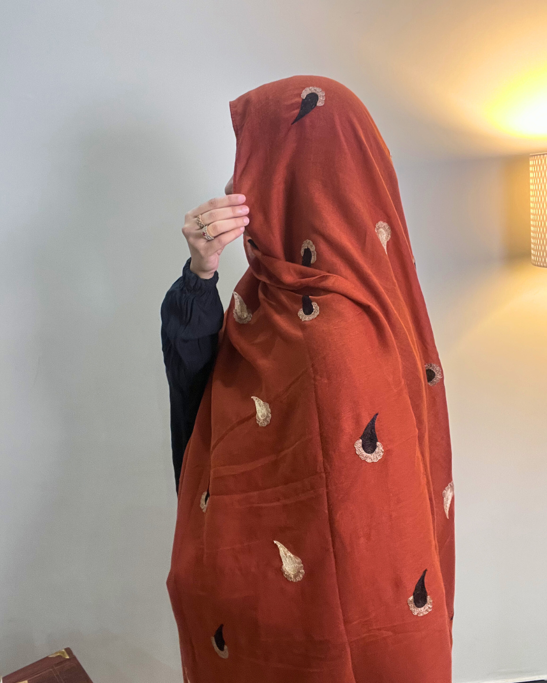 Paisley Drop Embroidery Lawn Hijab - Rust Orange