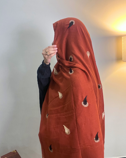 Paisley Drop Embroidery Lawn Hijab - Rust Orange
