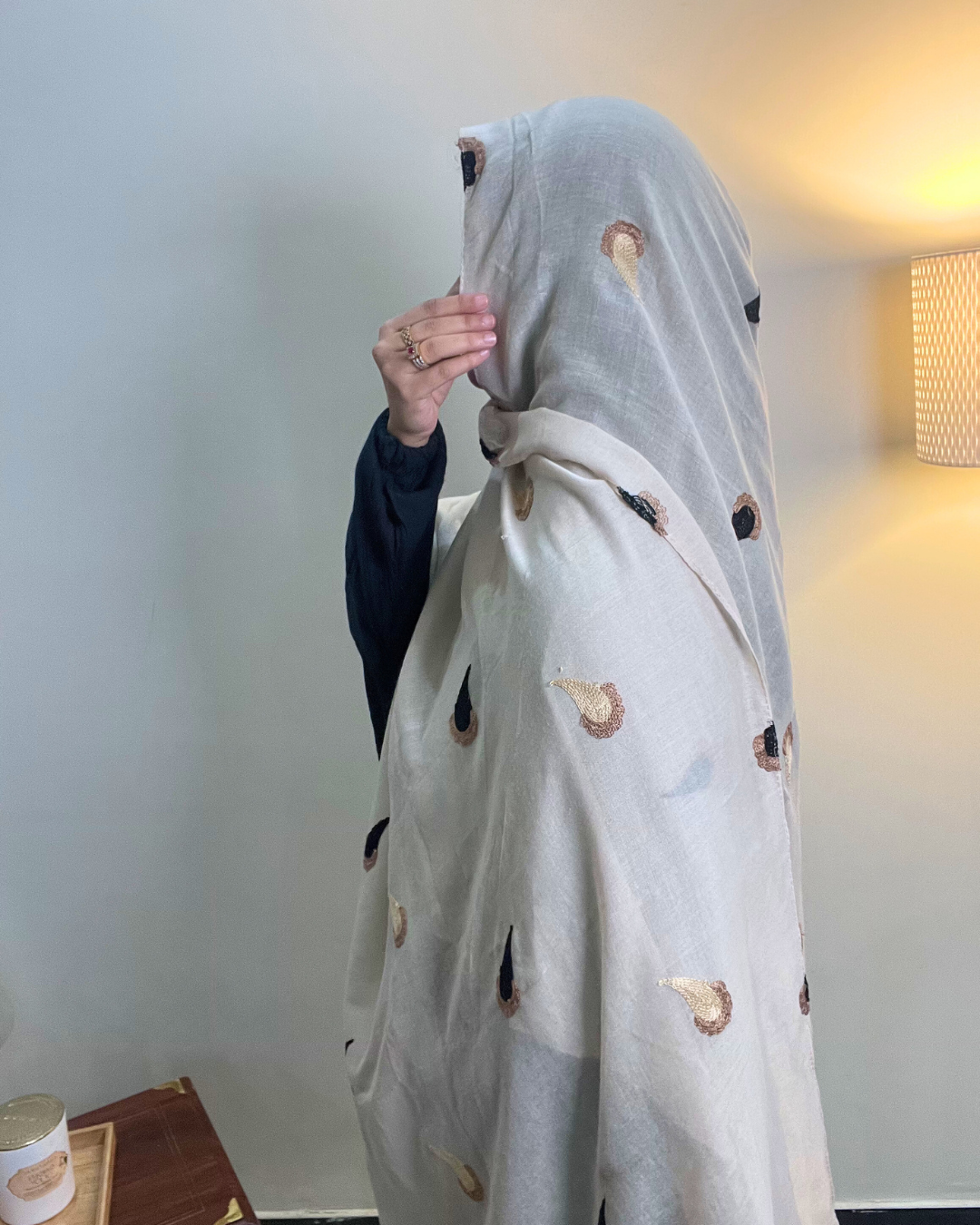 Paisley Drop Embroidery Lawn Hijab - Offwhite