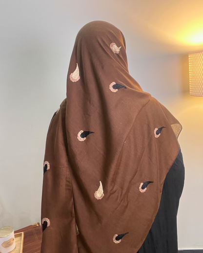 Paisley Drop Embroidery Lawn Hijab - Mocha Brown