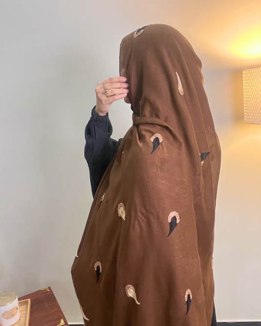 Paisley Drop Embroidery Lawn Hijab - Mocha Brown