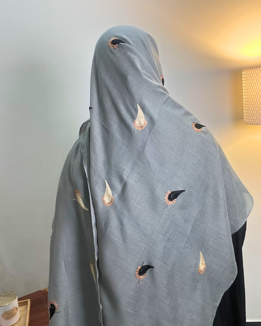 Paisley Drop Embroidery Lawn Hijab - Grey
