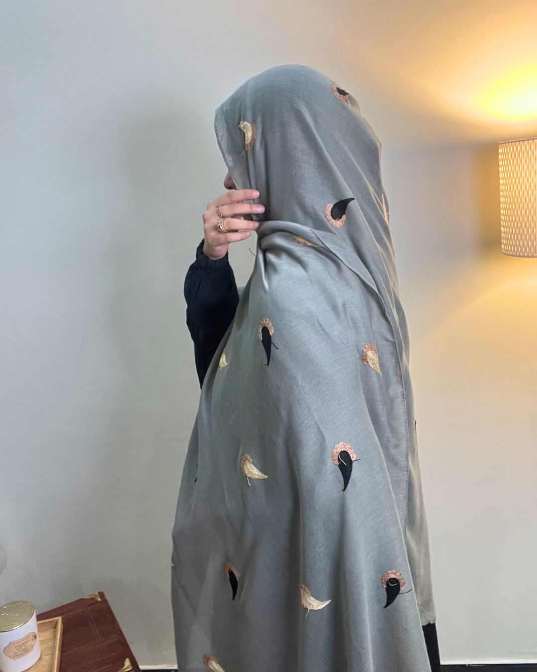 Paisley Drop Embroidery Lawn Hijab - Grey